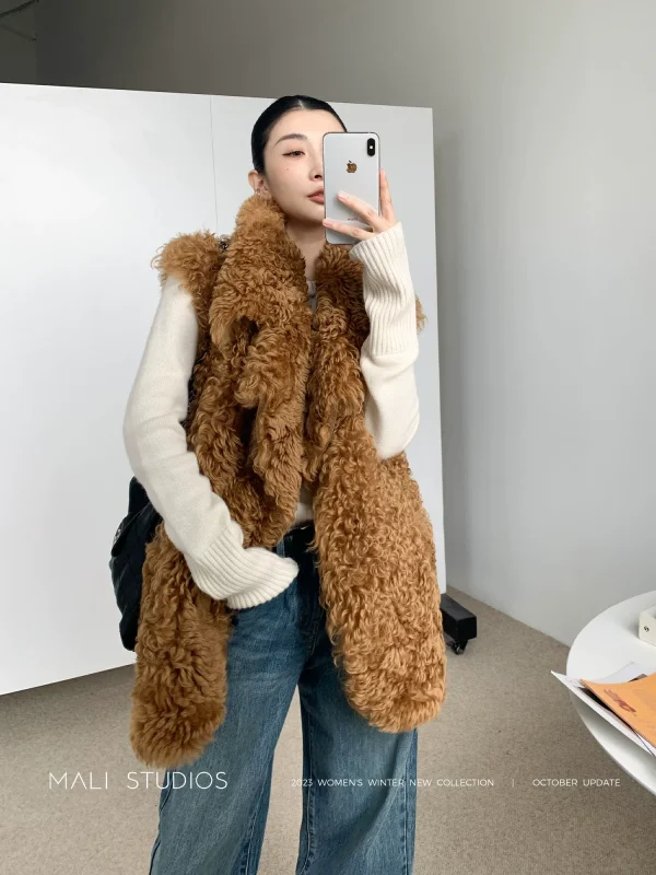 MALI|私服古着_皮毛一体羊卷毛复古时髦廓形马甲皮草外套