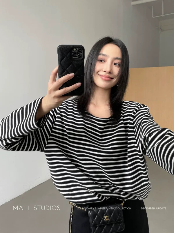 MALI|秋冬260G加厚棉_法式经典黑白条纹船领T恤