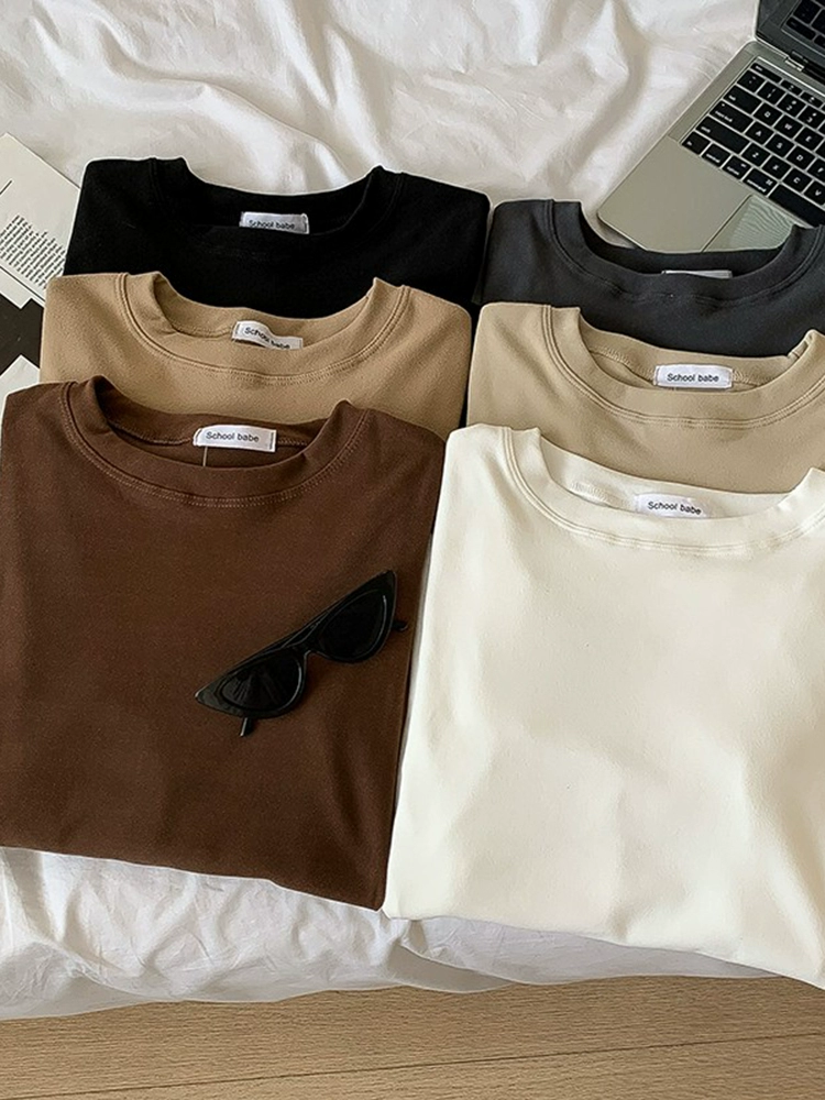 纯色圆领直筒简约T恤2024秋季新款女装减龄时尚长袖打底气质上衣