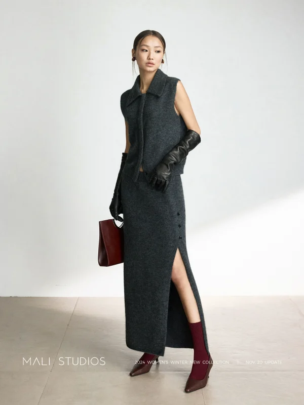 MALI | 时髦POLO领背心+侧开叉半裙羊驼羊毛套装