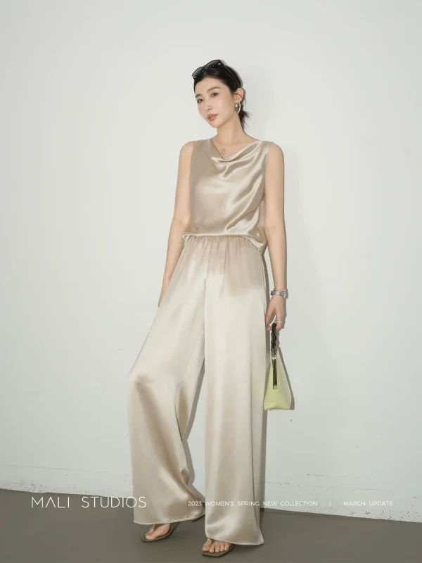 MALI｜法式优雅风_高密醋酸缎面光泽感长袖衬衫荡领背心空气裤