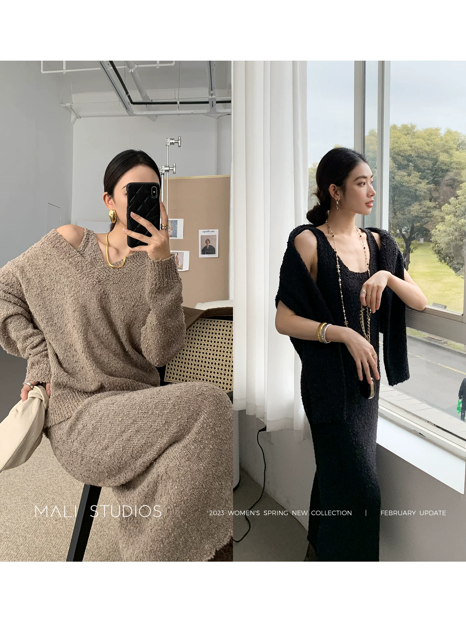 MALI|豆豆纱懒人套装_宽松V领套头毛衣+背心连衣裙两件套 - Image 5