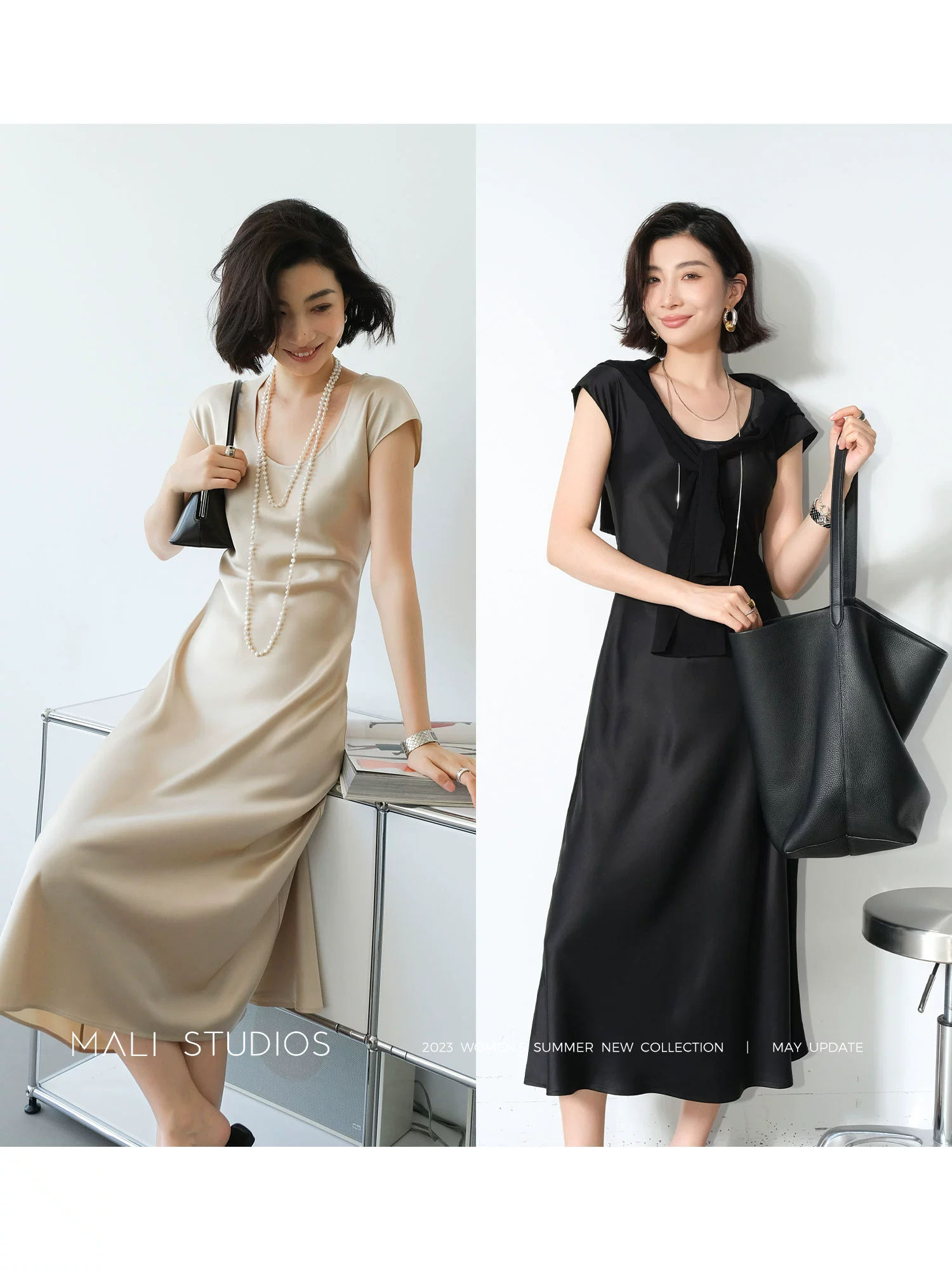 MALI|鎏光垂感醋酸双面缎_重磅斜裁高贵优雅中长长连衣裙 - Image 3