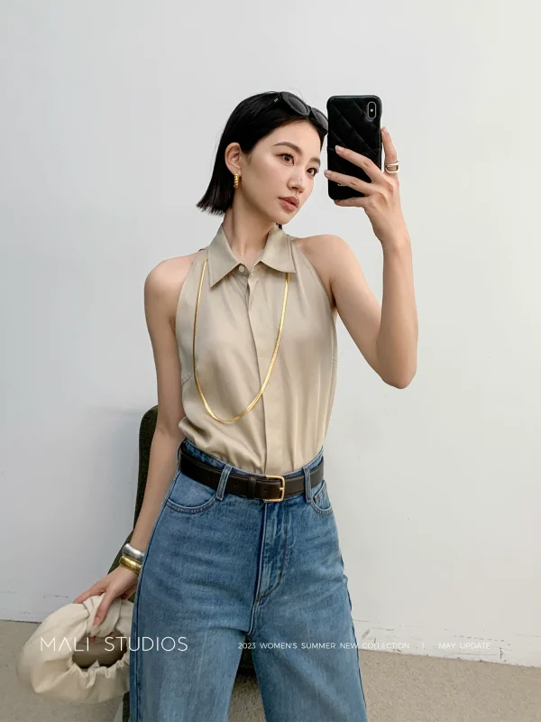 MALI|清凉天丝亚麻_法式复古尖领小众气质无袖衬衫