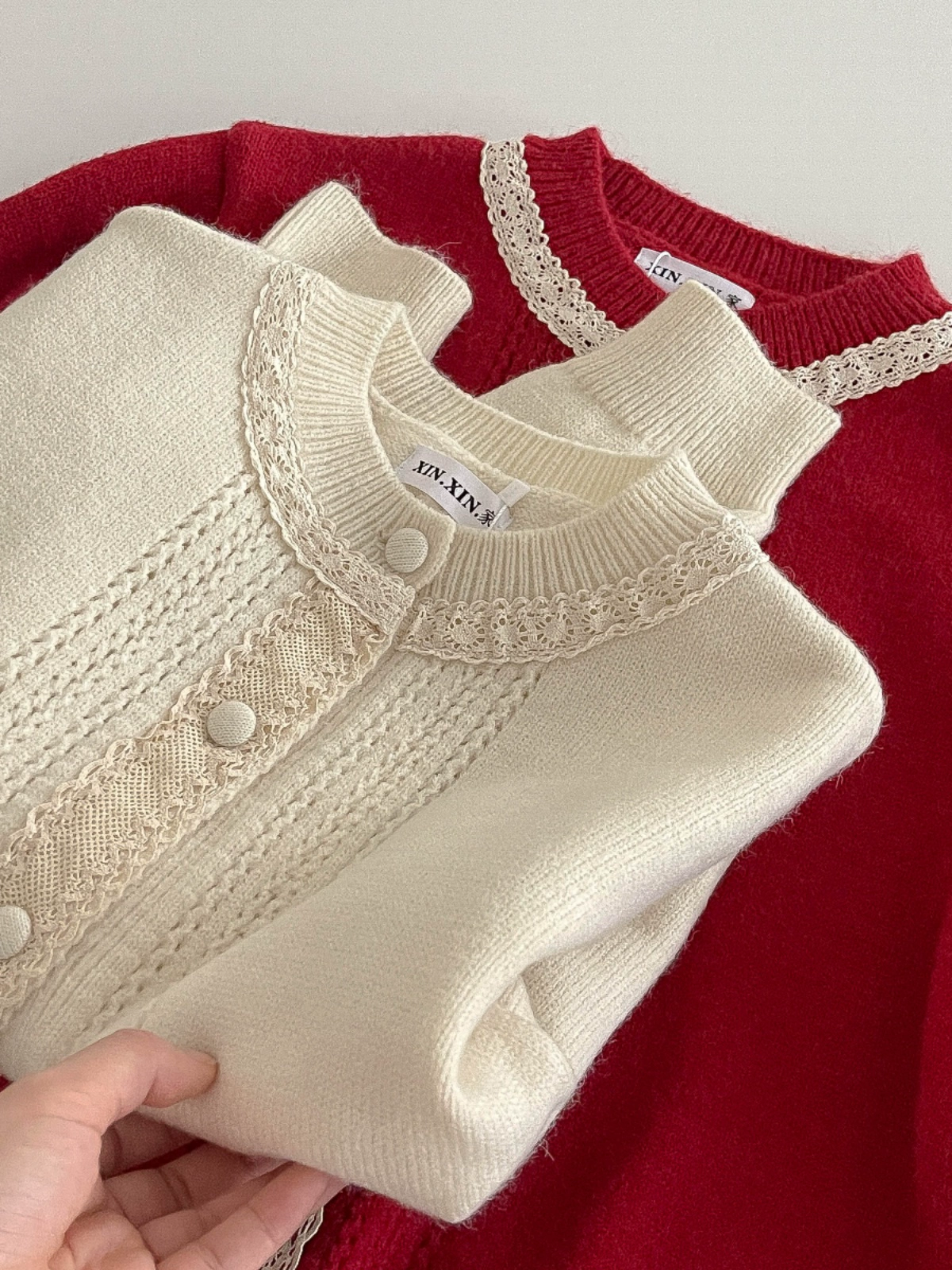 花边撞色减龄针织毛衣2024秋冬新款韩版女装休闲甜美长袖开衫上衣