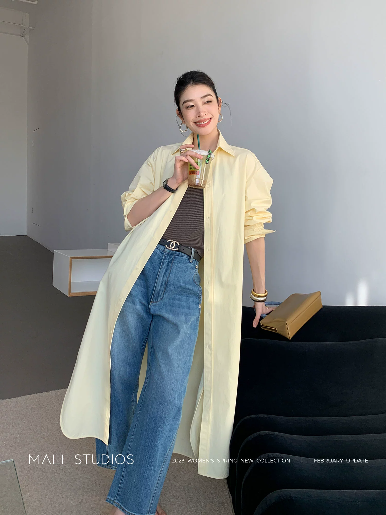 MALI|高克重优质荃棉挺括有型_时髦侧开衩长衬衫连衣裙