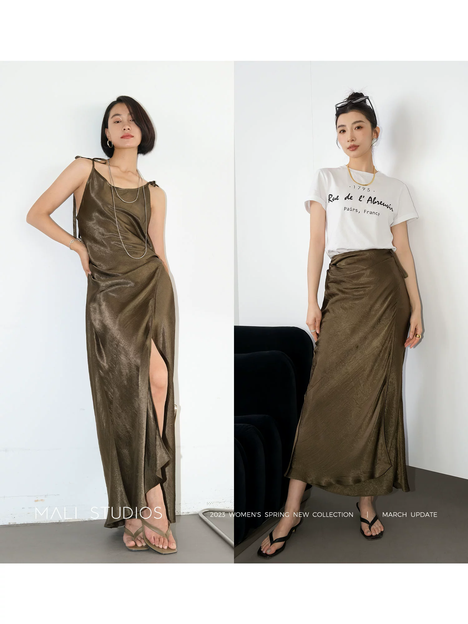 MALI|自然皱醋酸缎面_高阶斜裁交叠艺术感吊带连衣裙/半身长裙 - Image 2