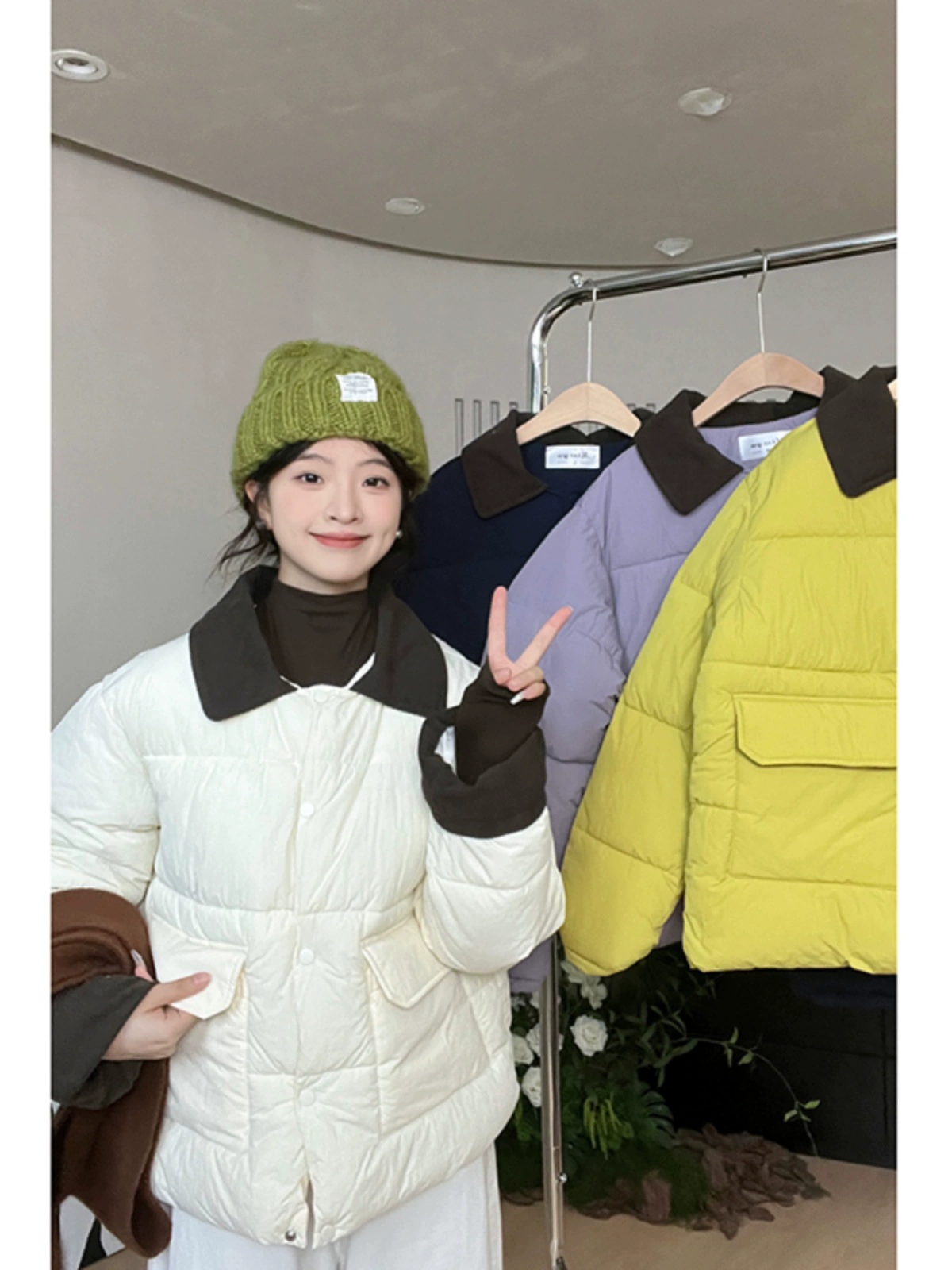 撞色拼接短款小个子棉服女装2024冬季新款宽松加厚棉衣面包服外套 - Image 2