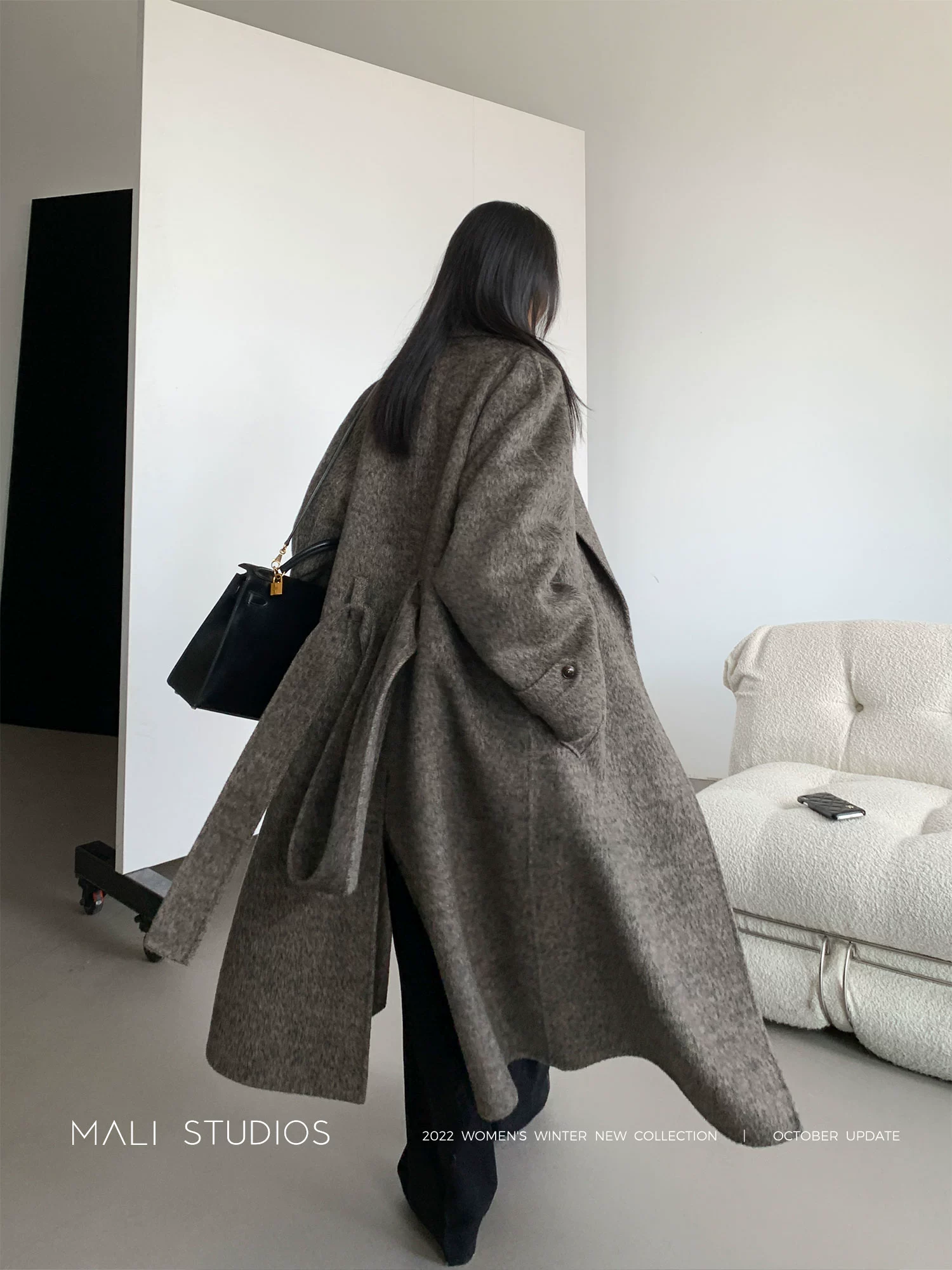 MALI|小众蕞时髦 羊毛真丝双面呢窄肩廓形羊腿袖大衣 - Image 4