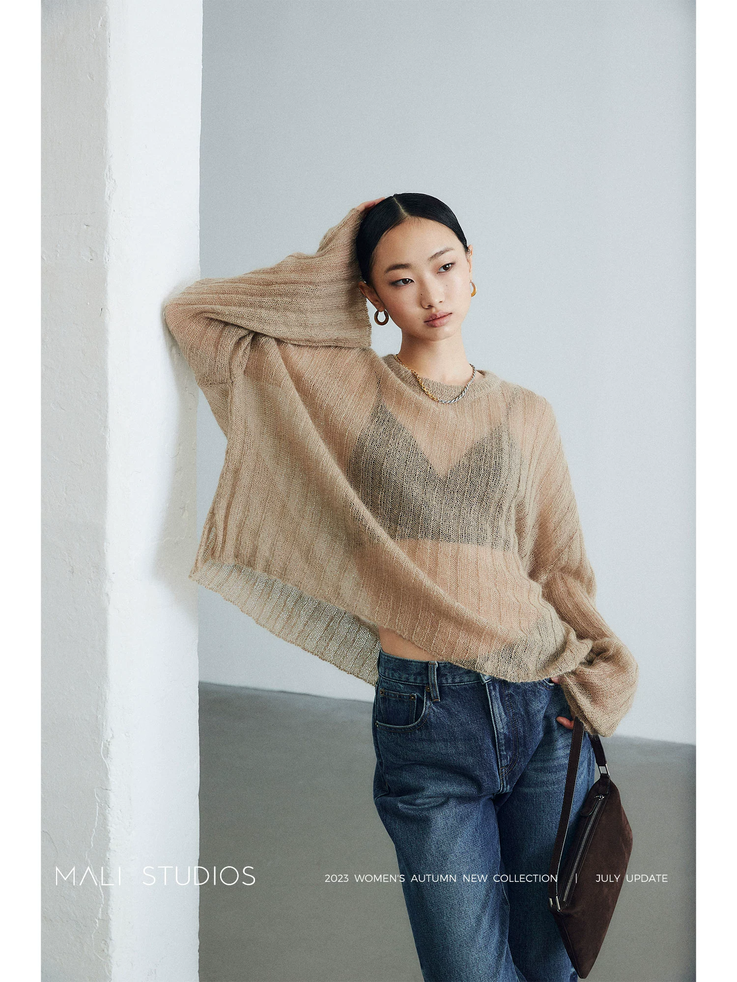 MALI|真丝南非马海毛纱线_时髦慵懒透视宽松喇叭袖毛衣 - Image 2