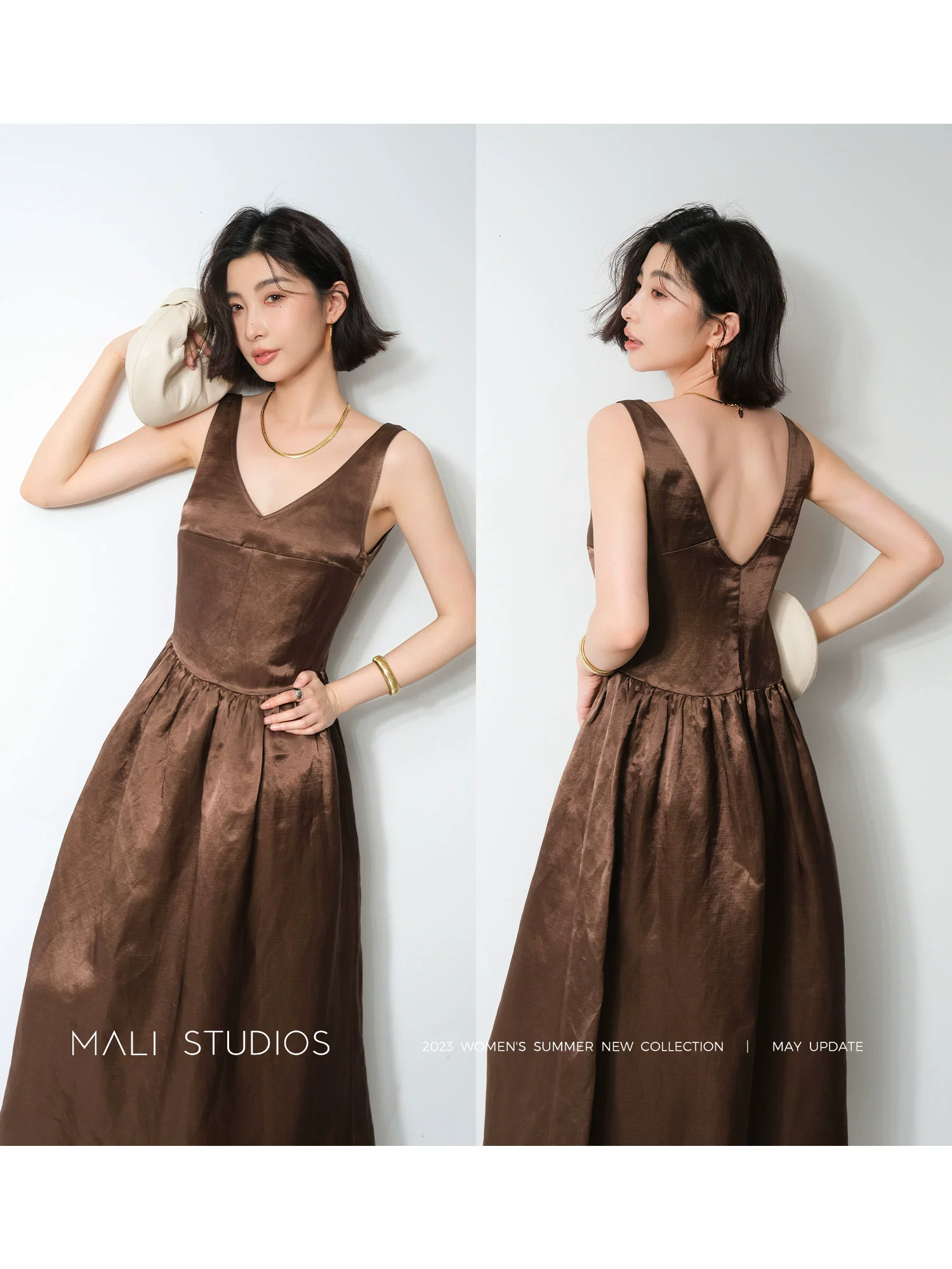 MALI|重磅定制开发天丝亚麻_高定立裁抽褶优雅V领连衣裙 - Image 3