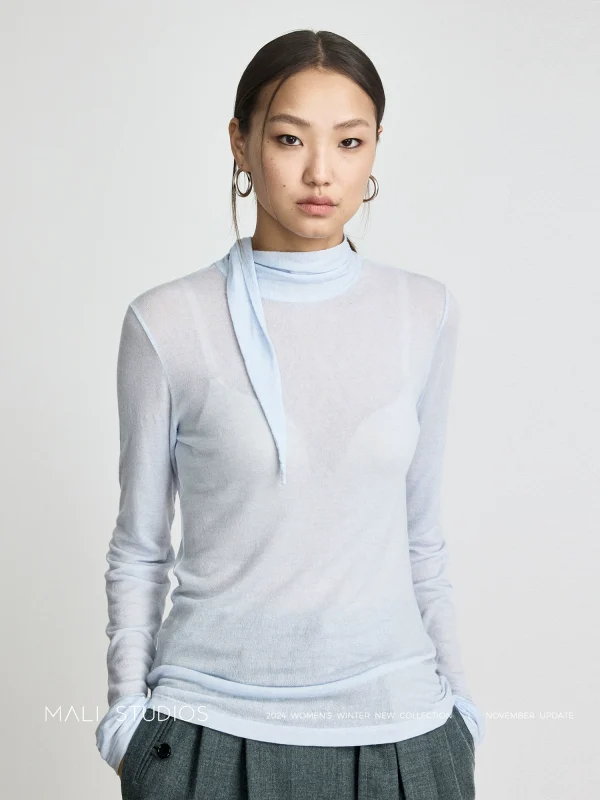 MALI | 时髦多穿造型感飘带高领天丝羊毛打底衫