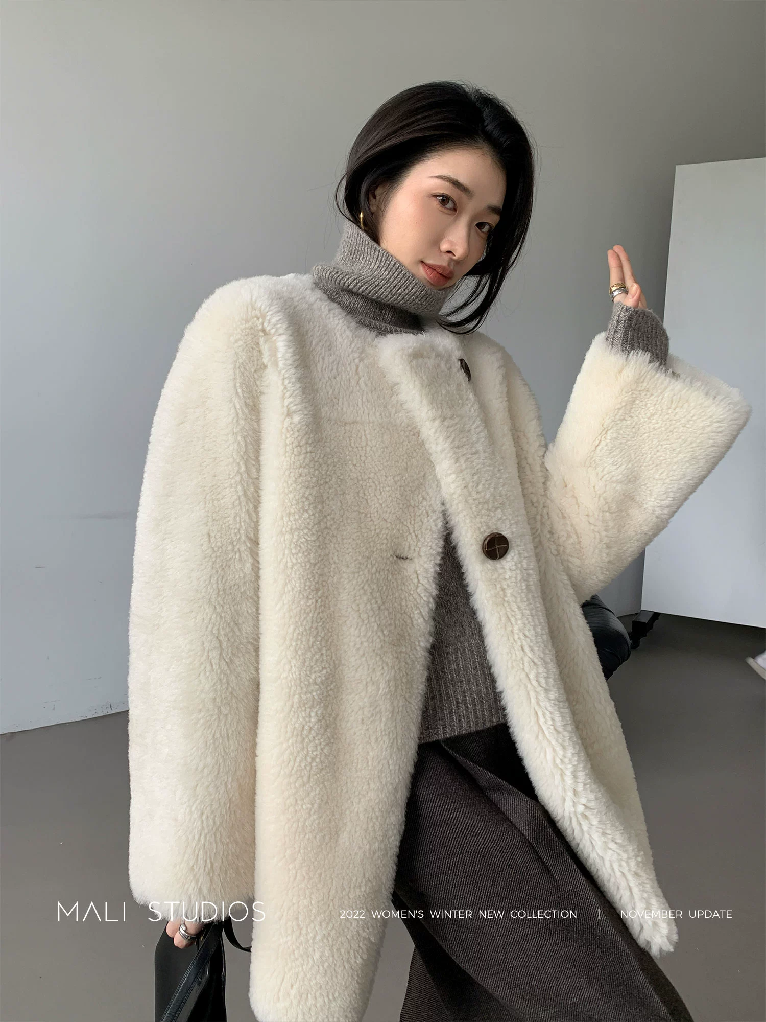 MALI|进口冰岛羊毛_高级拼裘工艺斜门襟皮草外套