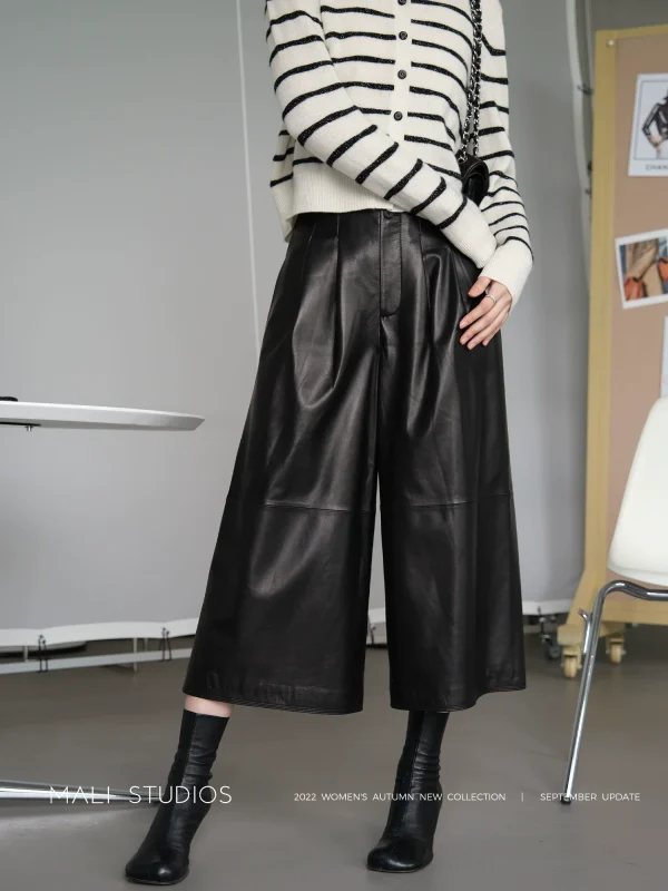 MALI|定制A及无涂层绵羊皮|INS风显瘦利器阔腿八分皮裤