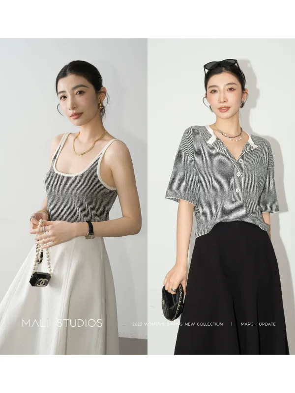 MALI|法式度假风_定制花式圈圈纱细支条纹小香风背心短袖