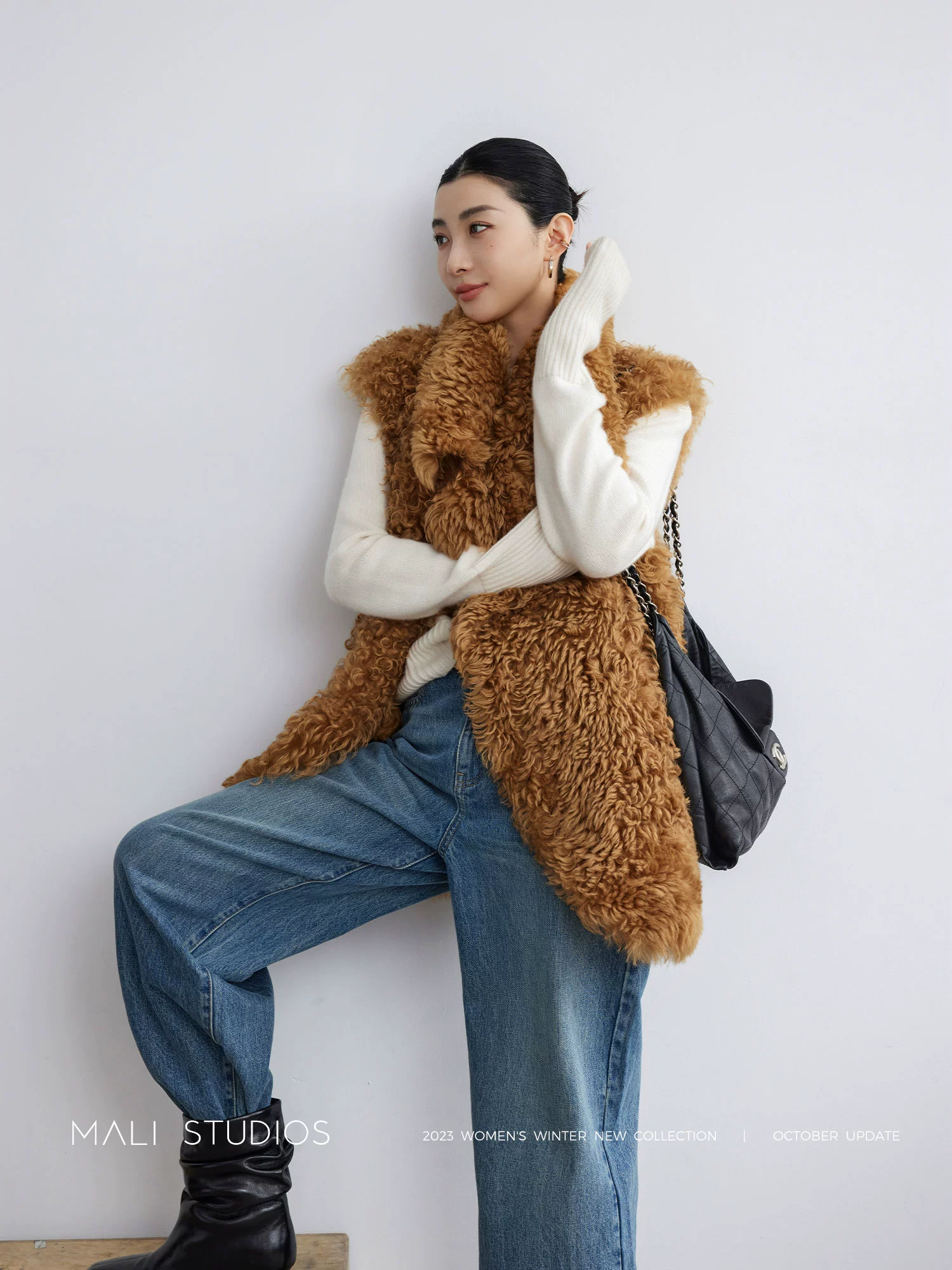 MALI|私服古着_皮毛一体羊卷毛复古时髦廓形马甲皮草外套 - Image 2