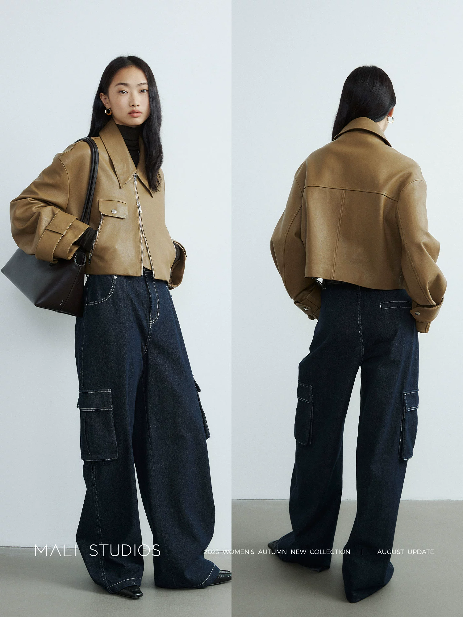 MALI|Clean fit_复古经典靛蓝工装口袋阔腿牛仔裤 - Image 3