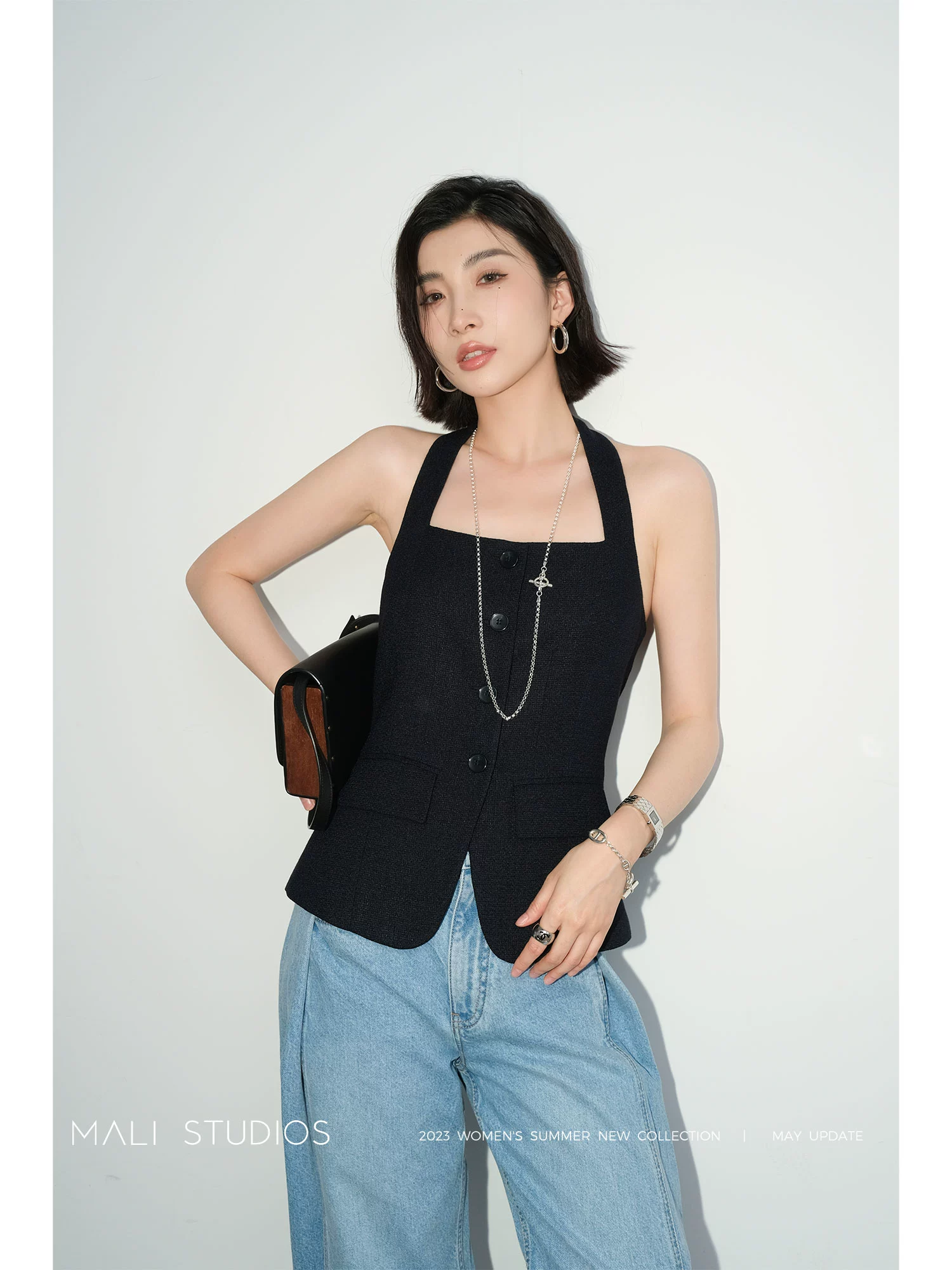 MALI|意式混色风格花呢_时髦气质高及感挂脖小香背心夏 - Image 3