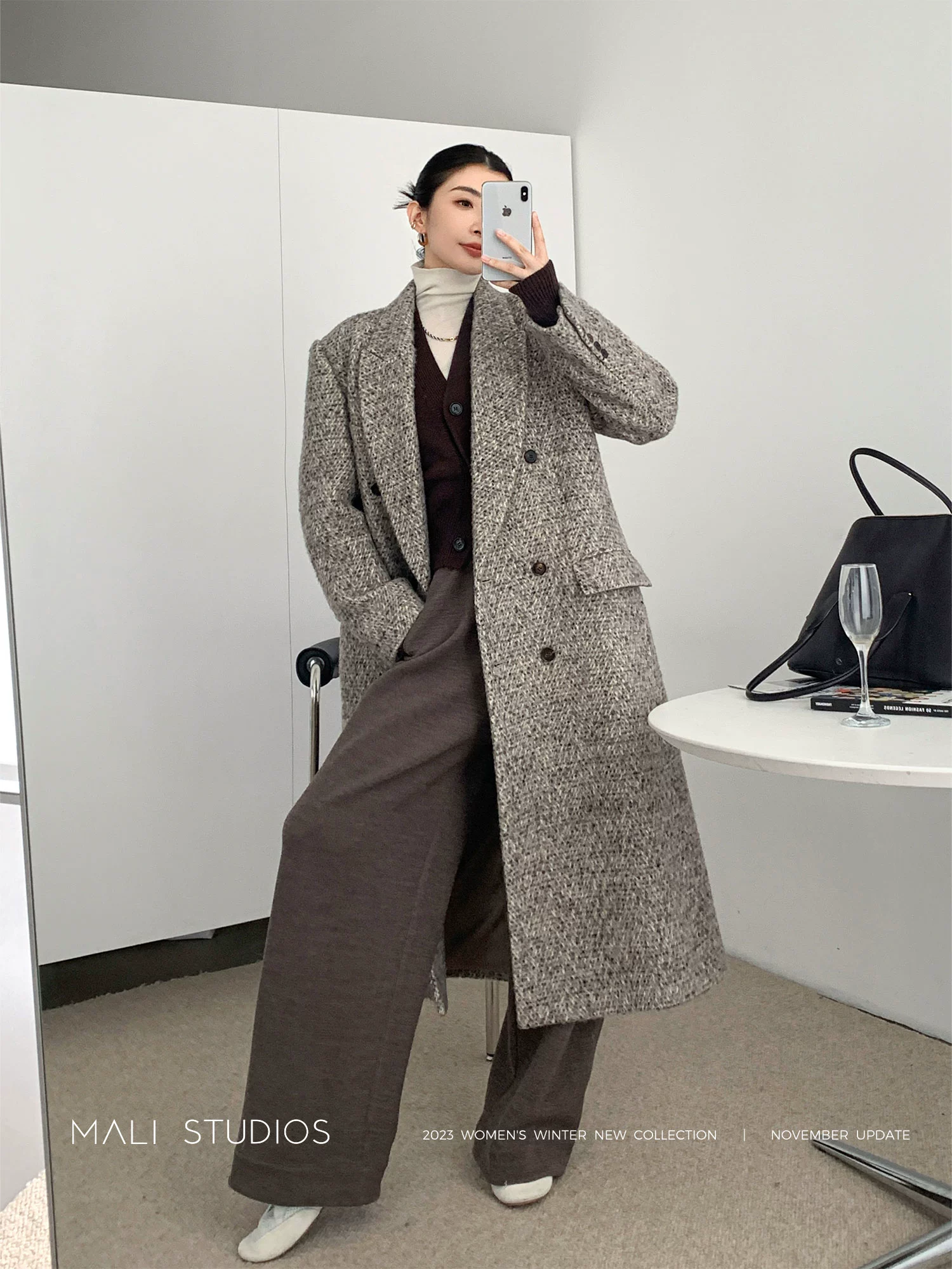 MALI|苏力羊驼绵羊毛长毛人字纹_VTG彩花纱双排扣西装大衣外套 - Image 2