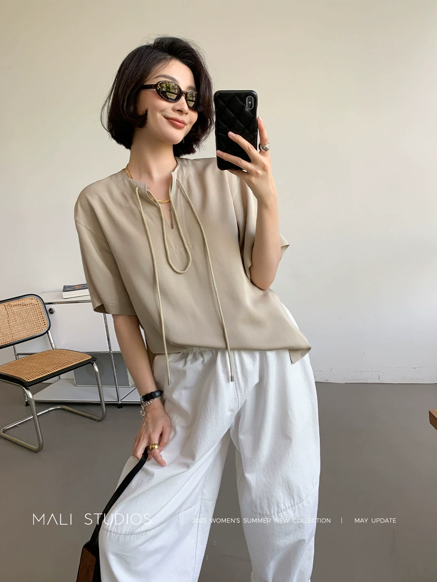 MALI|及简北欧风_醋酸天丝亚麻混纺抽绳V领短袖+短裤懒人套装 - Image 4