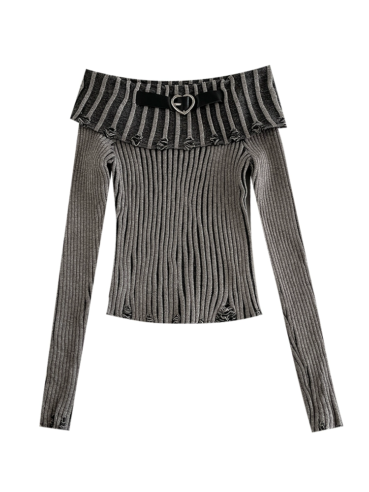 个性小众坑条翻边一字领套头毛衣女2024冬季新款韩版气质毛针织衫 - Image 5