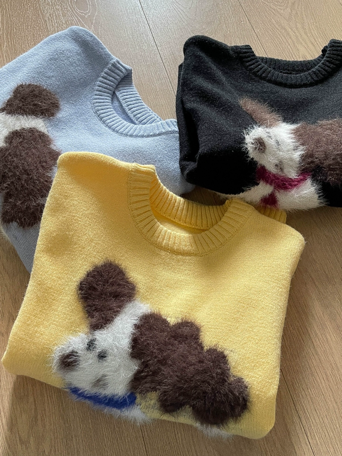 2024冬季圆领套头黑色慵懒风毛衣女韩系小狗图案宽松外穿针织衫女