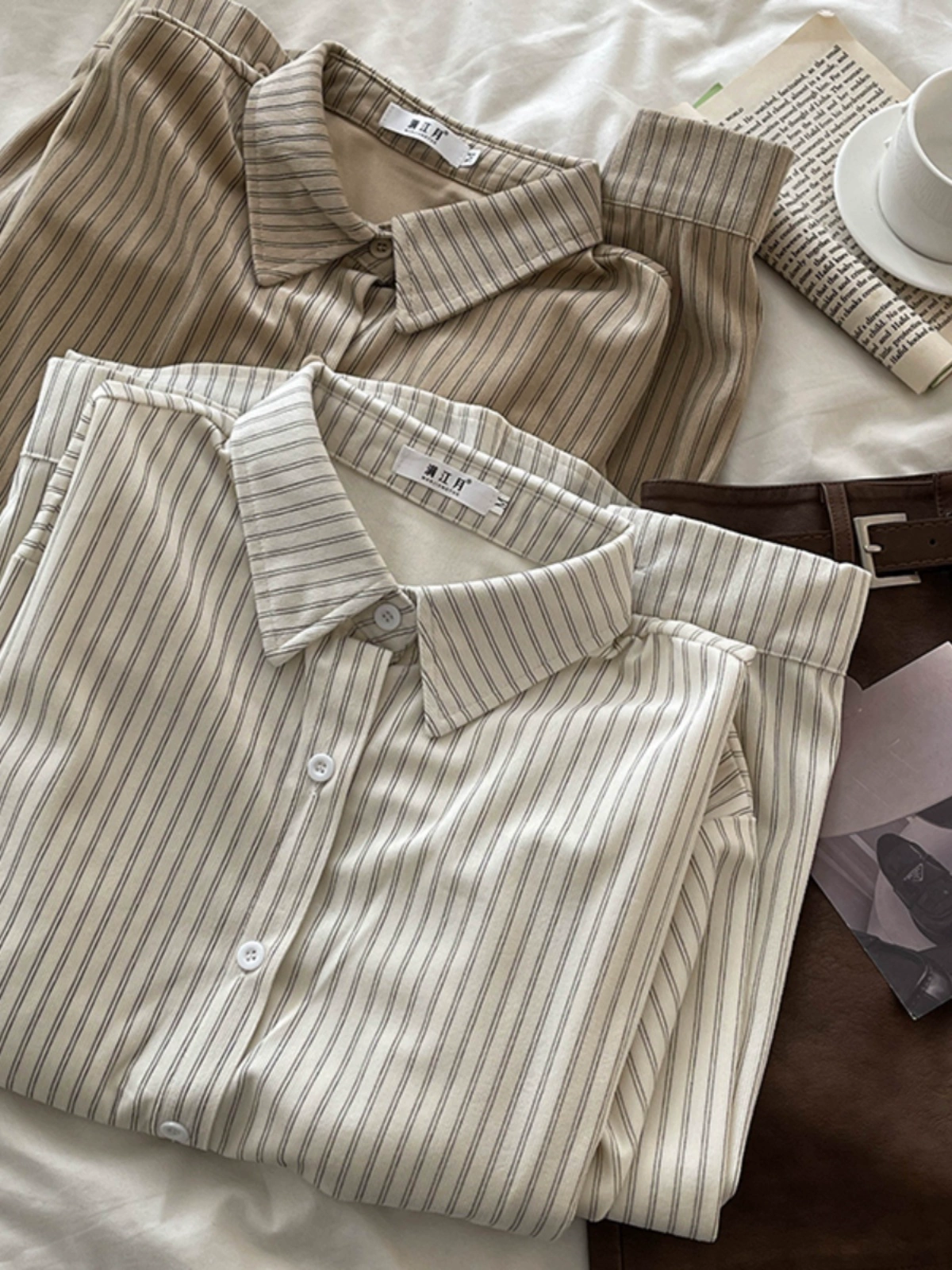 2024秋新款长袖条纹咖色衬衫女时尚休闲设计感小众单排扣盐系上衣