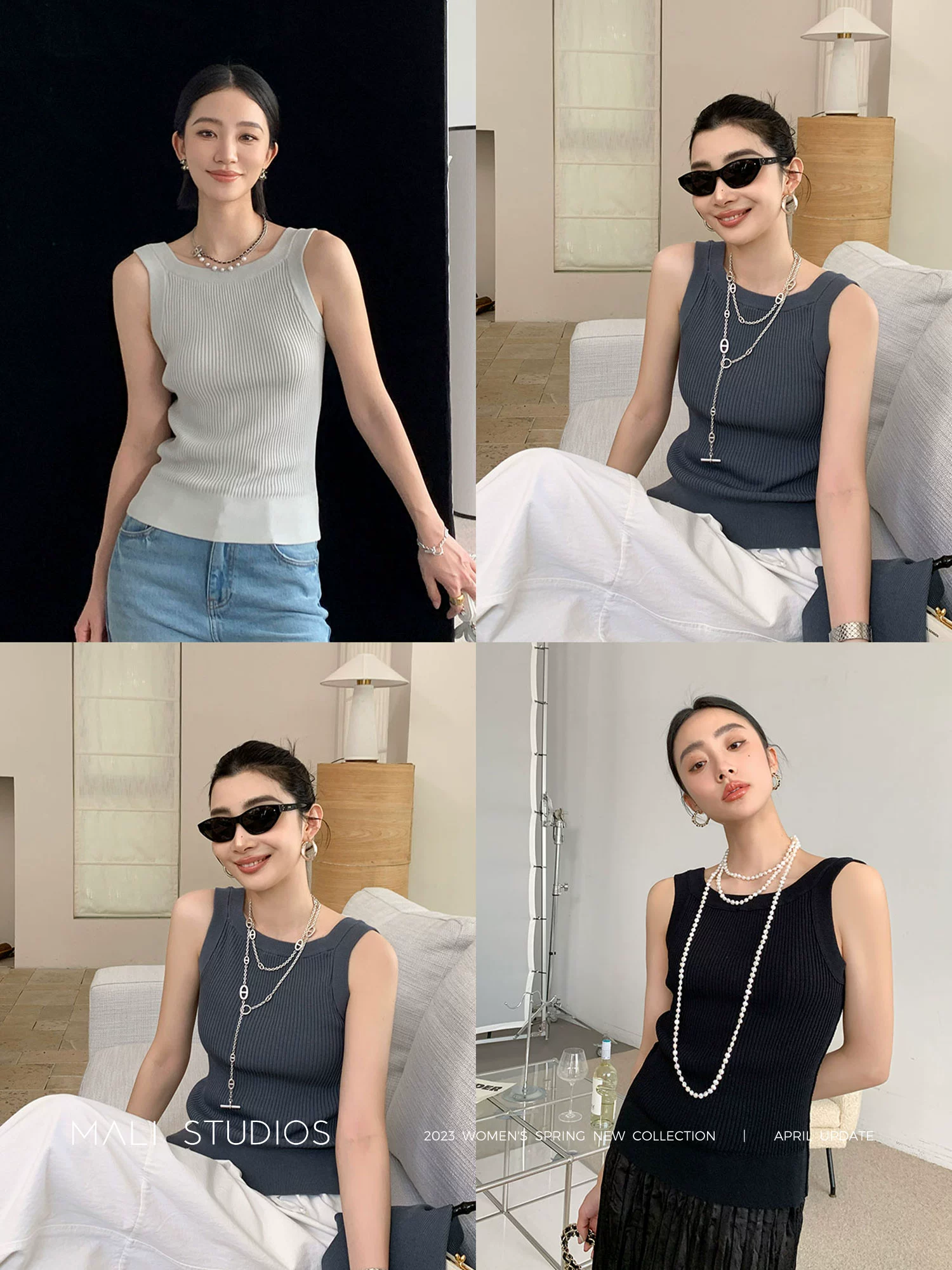 MALI|及简气质风_纸片人显瘦针织造型披肩&背心&长裤三件套 - Image 4