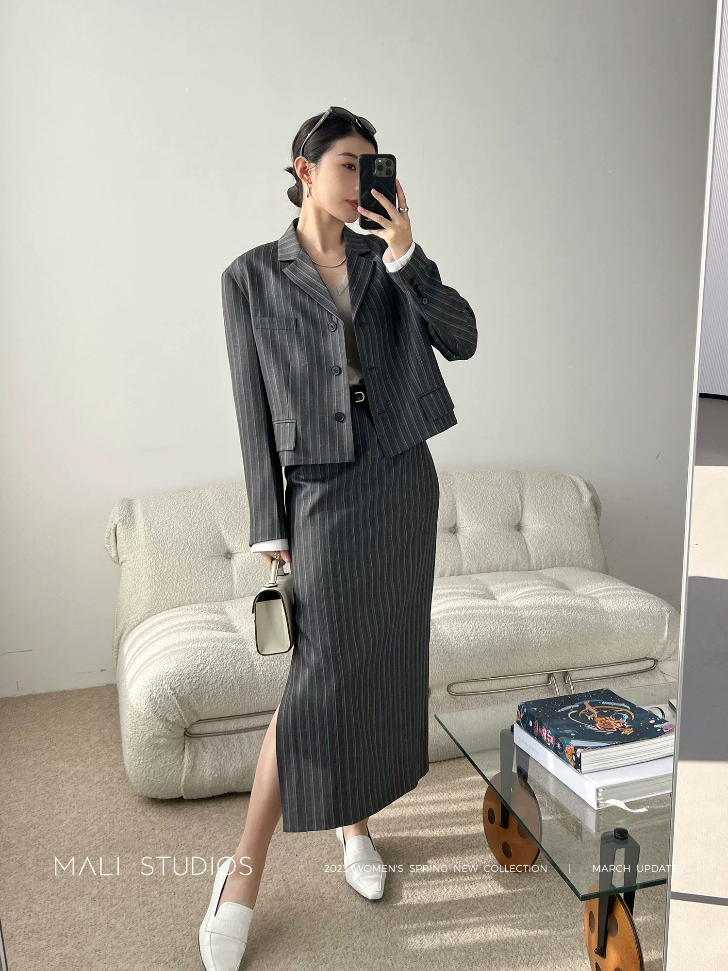 MALI|日本进口羊毛VTG复古撞色条纹_袖口拼接西装+侧开叉裙套装 - Image 3