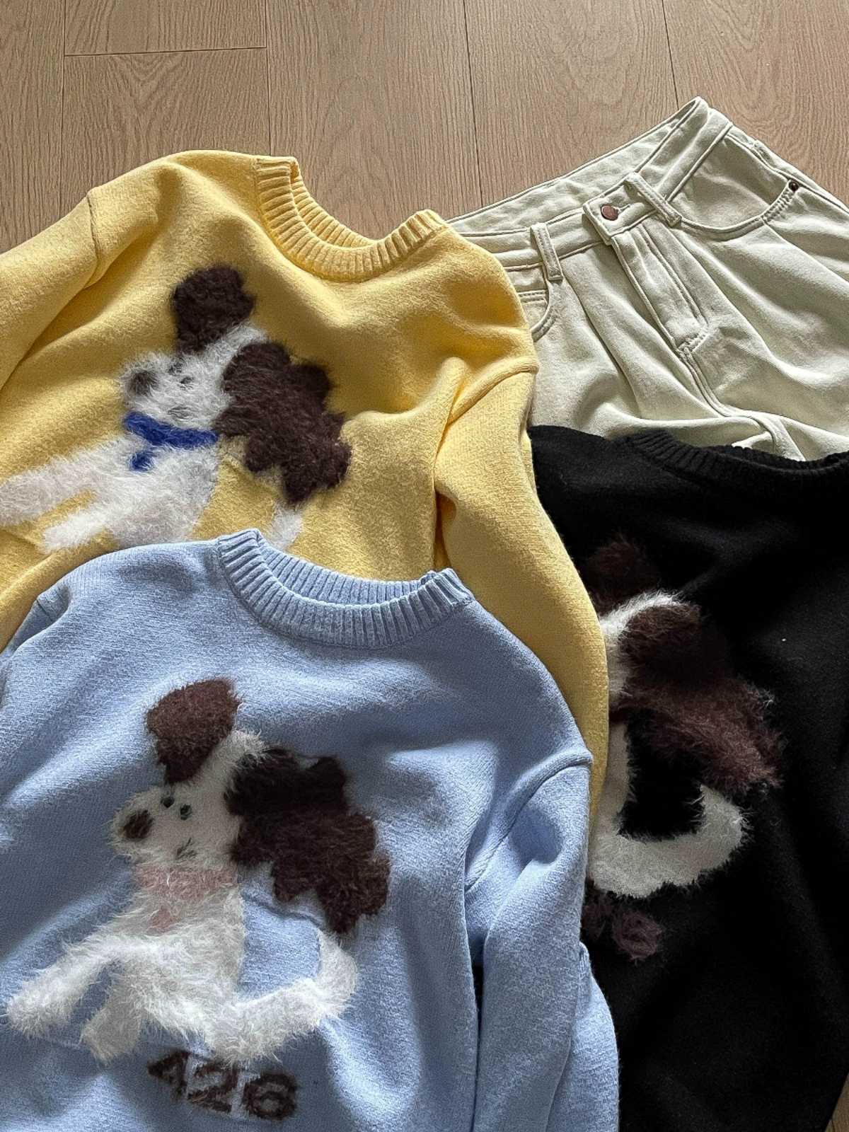 2024冬季圆领套头黑色慵懒风毛衣女韩系小狗图案宽松外穿针织衫女 - Image 3