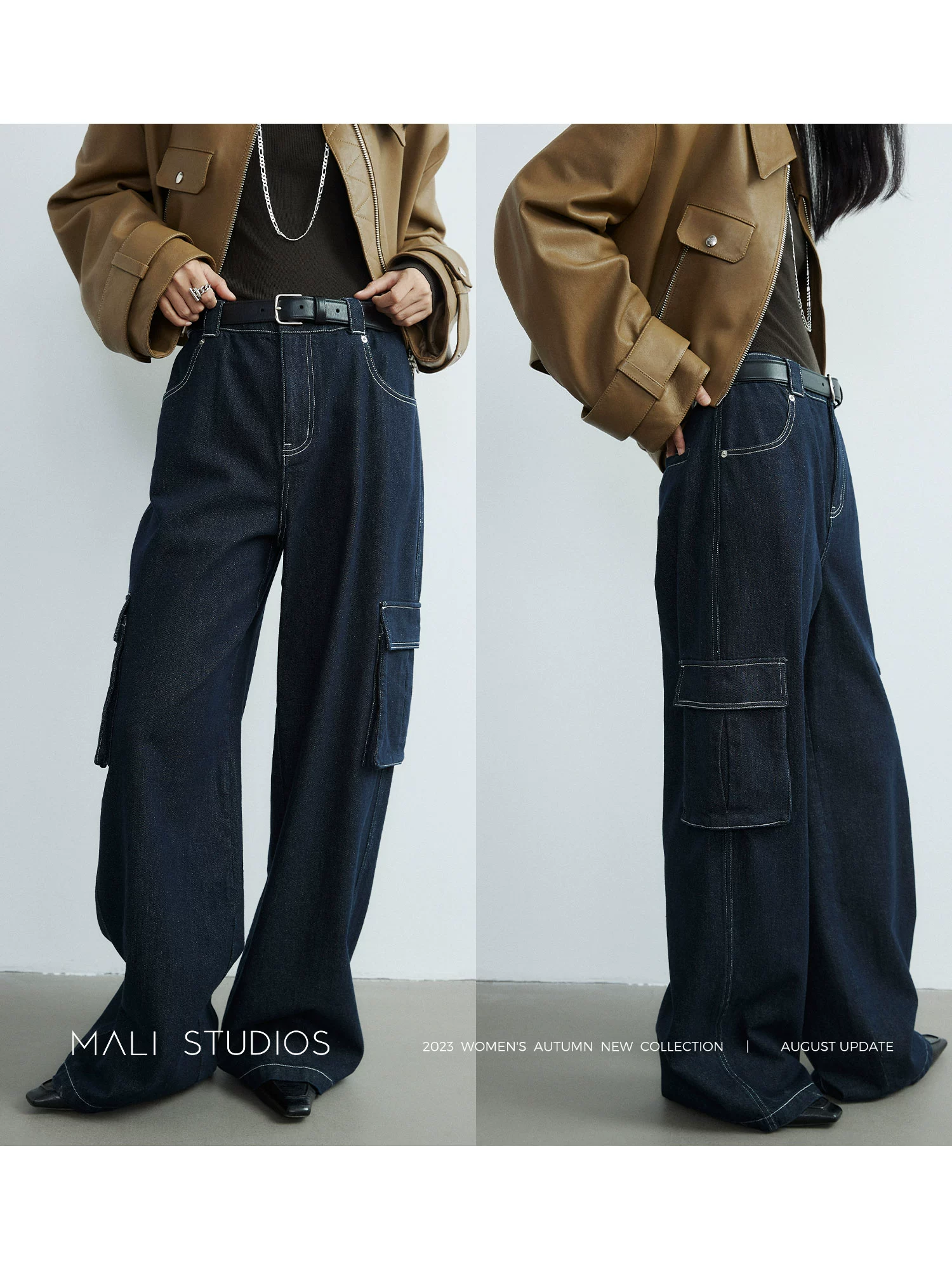 MALI|Clean fit_复古经典靛蓝工装口袋阔腿牛仔裤