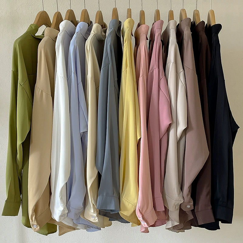 多色中长款垂感长袖衬衫2024秋季新款女百搭宽松可叠穿翻领上衣潮 - Image 2