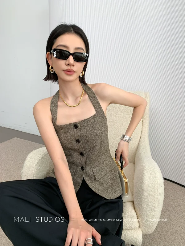 MALI|意式混色风格花呢_时髦气质高及感挂脖小香背心夏