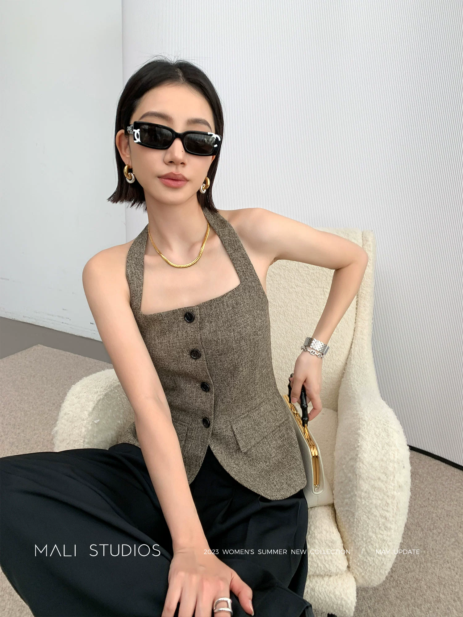 MALI|意式混色风格花呢_时髦气质高及感挂脖小香背心夏