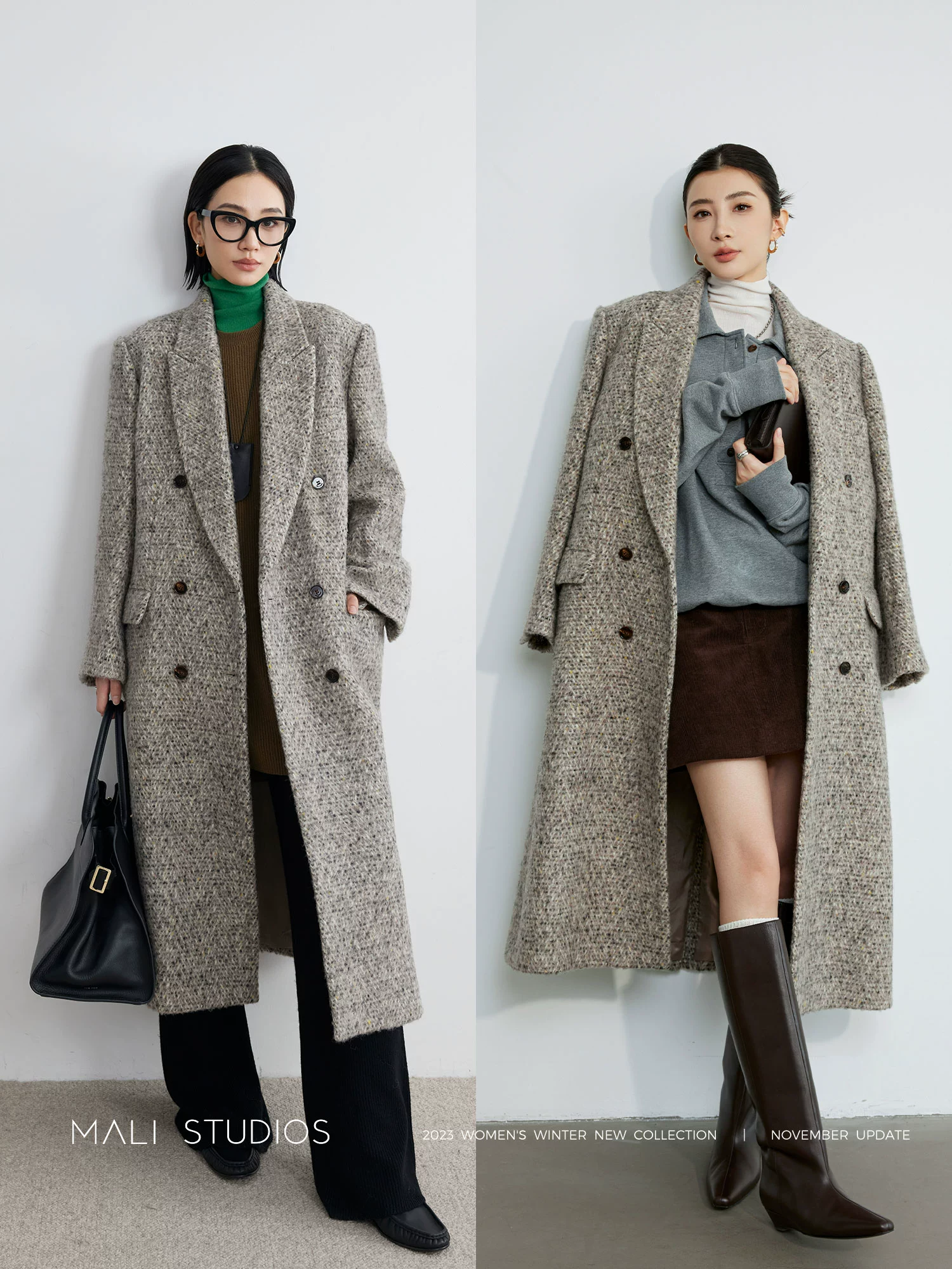 MALI|苏力羊驼绵羊毛长毛人字纹_VTG彩花纱双排扣西装大衣外套 - Image 5