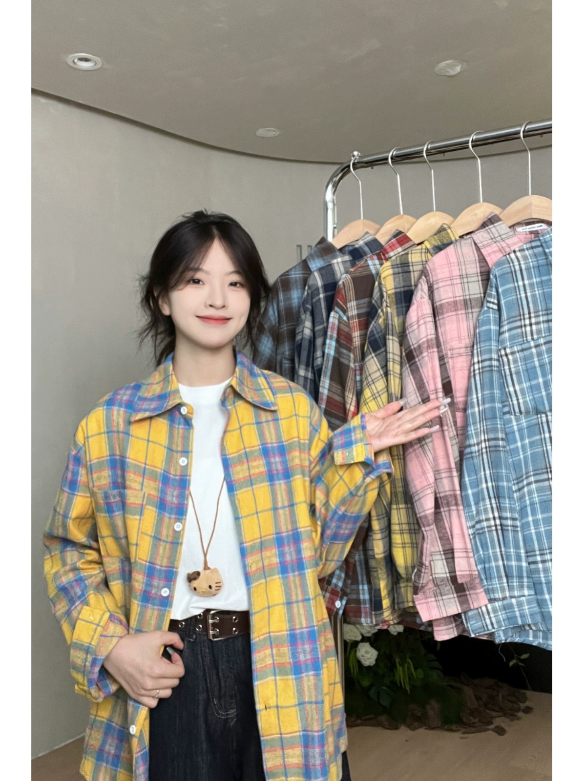 时尚休闲多色格子翻领衬衫2024秋季新款韩版女装撞色男友风开衫潮 - Image 2