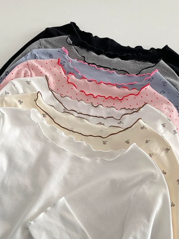 洋气休闲减龄碎花木耳边打底T恤2024秋季新款韩版女装长袖上衣潮