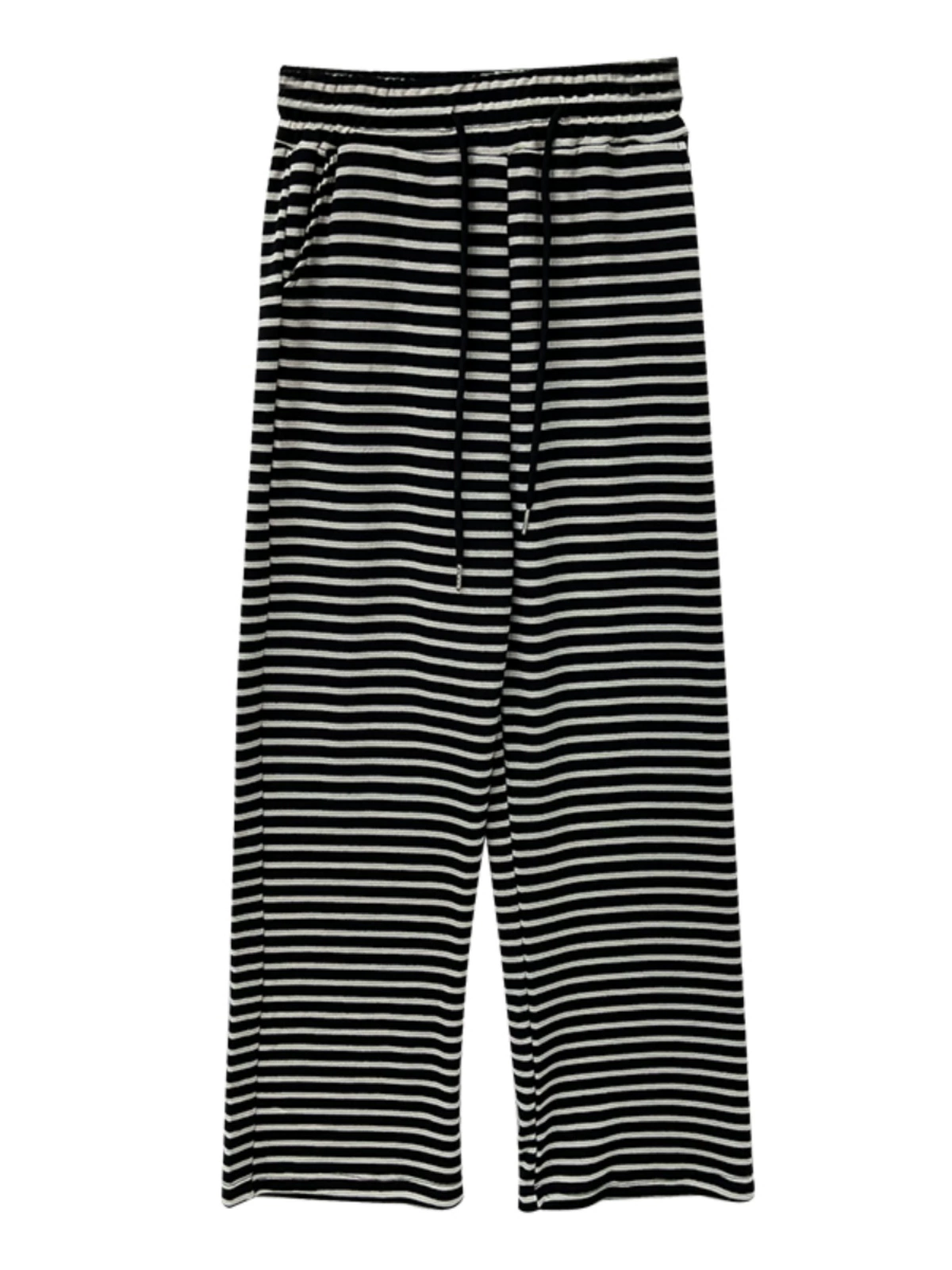 黑白条纹垂感休闲裤2024年夏季新款女装高腰小个子宽松系带阔腿裤 - Image 5