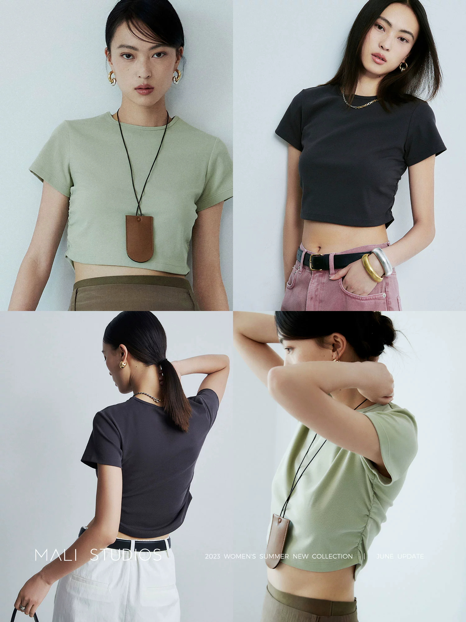 MALI|时髦造型感抽褶设计_高弹螺纹棉弧形下摆修身T恤 - Image 3