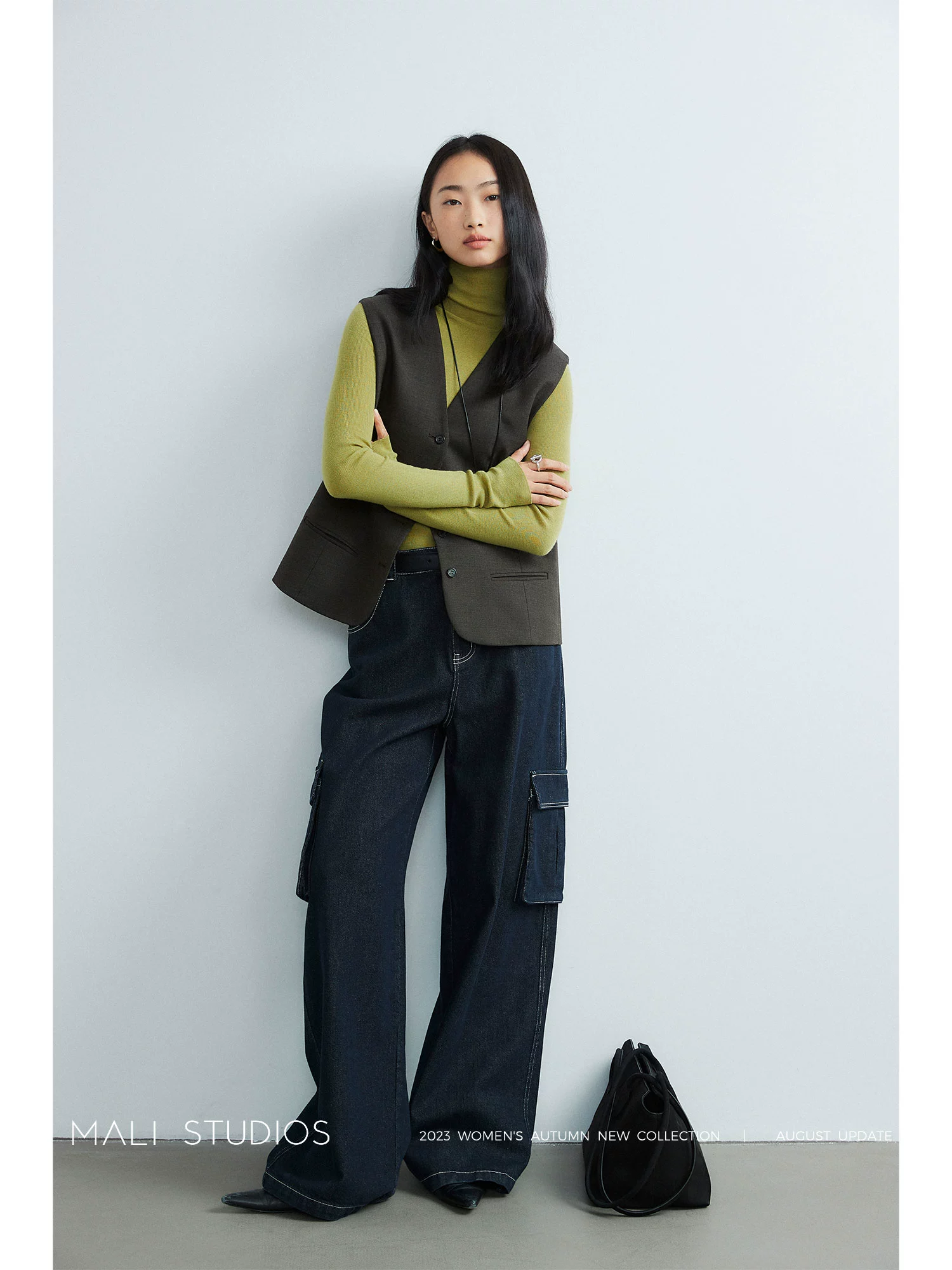 MALI|Clean fit_复古经典靛蓝工装口袋阔腿牛仔裤 - Image 2