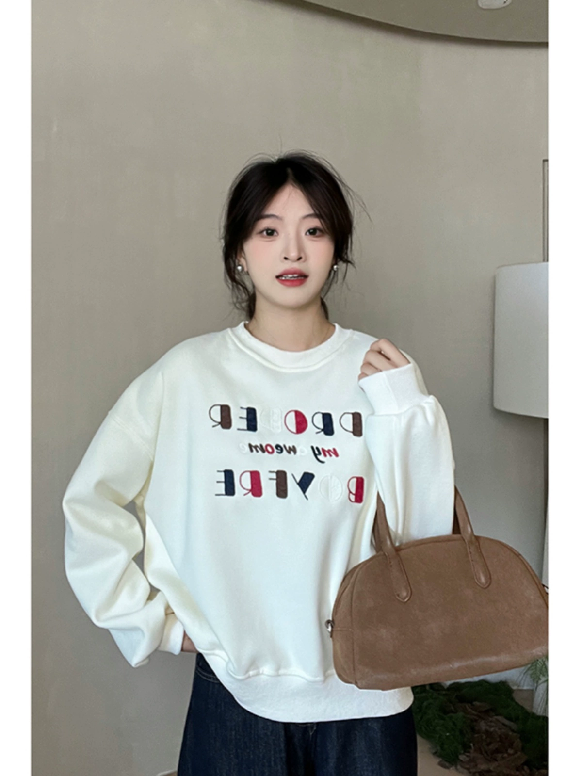 baby绒彩色字母刺绣卫衣2024秋冬新款韩版女长袖加绒圆领套头上衣 - Image 2