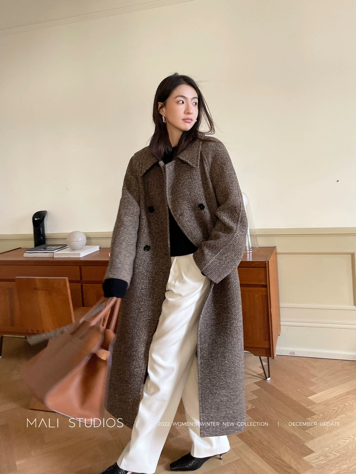 MALI|INS博主欧尼大衣_意大利进口人字纹长款/短款廓形大衣 - Image 4