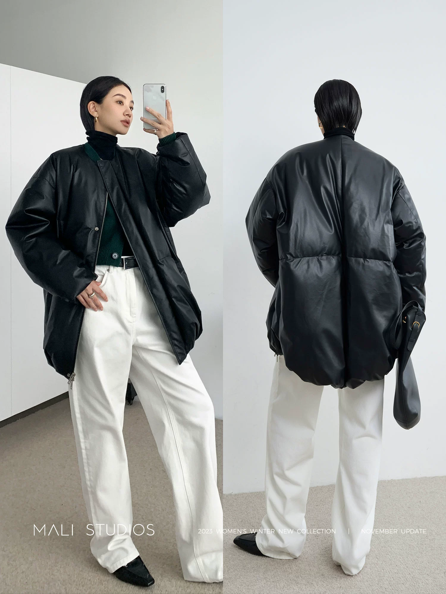 MALI|轻涂层绵羊皮90白鸭绒_北欧风立体茧型大廓形皮羽绒长外套 - Image 3