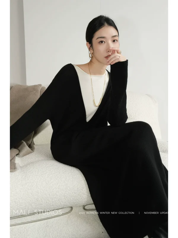 MALI|ROW风纸片人OP_经典撞色假两件羊毛羊绒连衣裙