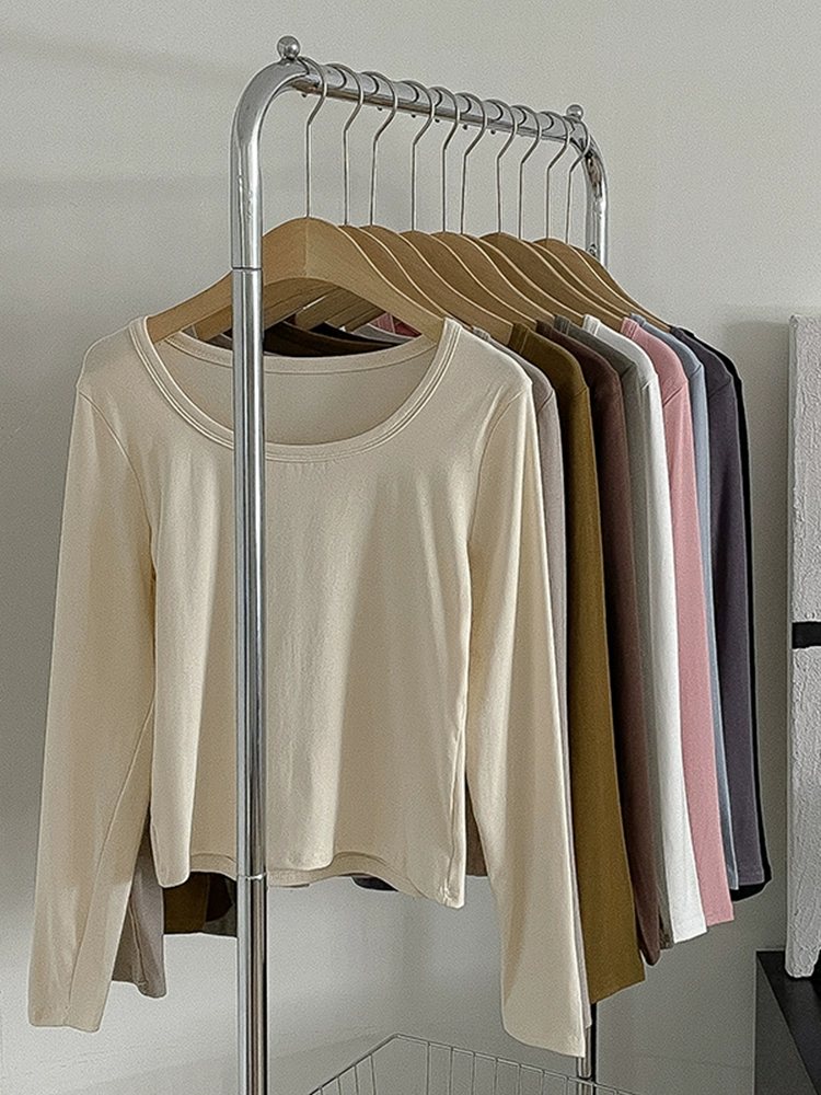 百搭多色圆领长袖T恤女2024秋季新款女装修身内搭叠穿打底衫上衣