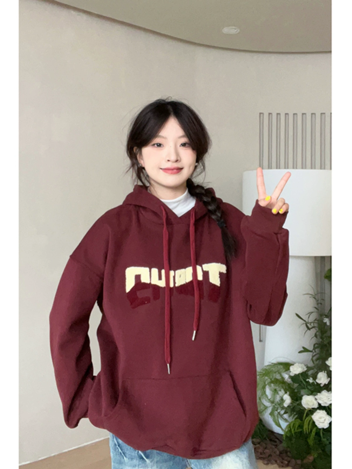 2024秋冬季华棉复合奥粒绒卫衣字母植绒连帽大口袋宽松外套上衣潮 - Image 3