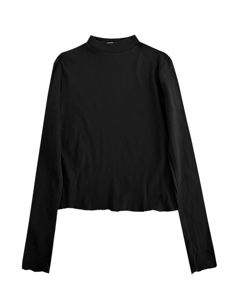 立领碎花木耳边T恤2024女秋冬季新款韩版简约修身长袖气质打底衫 - Image 5