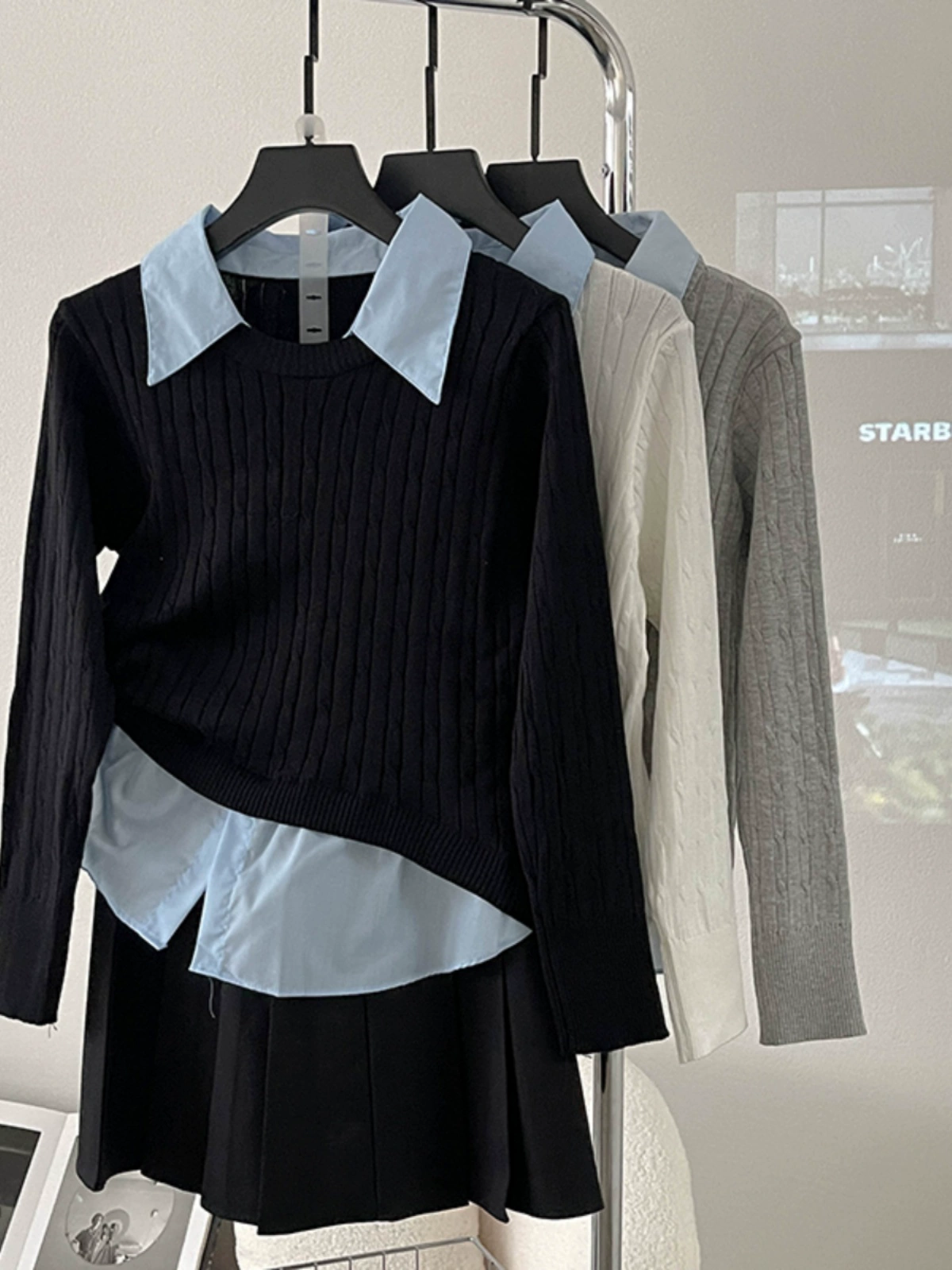 休闲个性撞色假两件长袖针织衫2024秋季新款韩版女装翻领宽松上衣