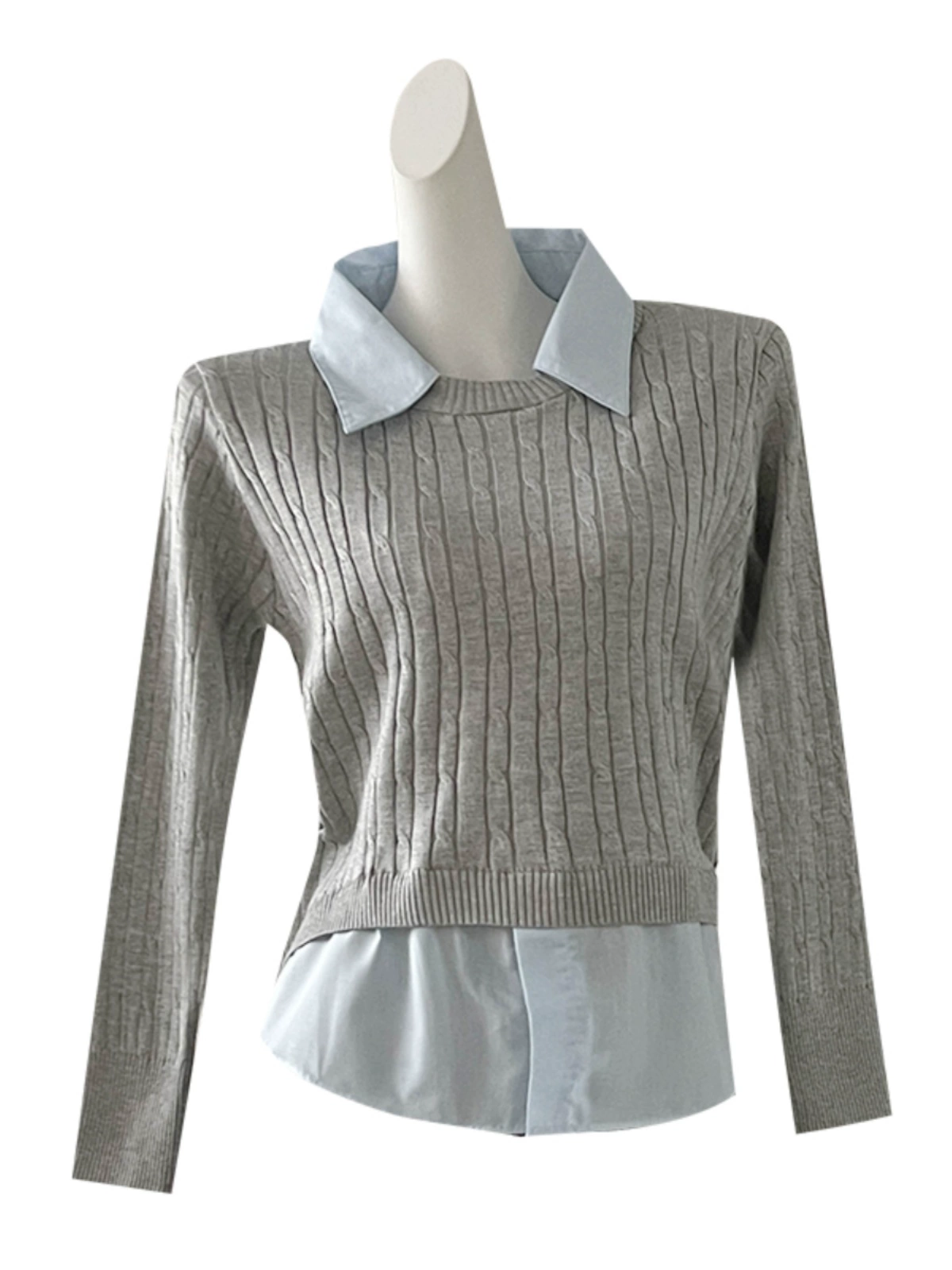 休闲个性撞色假两件长袖针织衫2024秋季新款韩版女装翻领宽松上衣 - Image 5