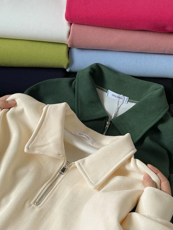 休闲复古多色翻领拉链套头卫衣2024秋季新款女装宽松纯色包袖上衣